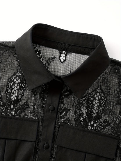 vlovelaw  See Through Pocketed Sheer Mesh Blouse, Long Sleeve Button Front Blouse, Women's Clothing