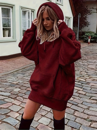 vlovelaw  Solid Color Kangaroo Pocket Hoodie, Casual Long Sleeve Thigh Length Drawstring Hoodie Sweatshirt, Women's Clothing