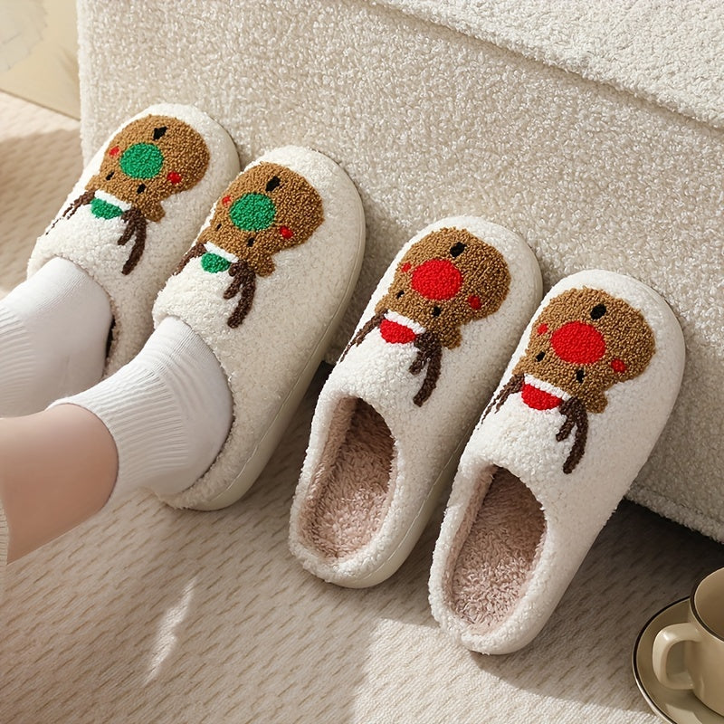 [Customer Favorite] Cozy Christmas Reindeer Plush Slippers for Couples - Warm, Soft Indoor Shoes with Non-Slip TPR Sole, Perfect for Winter