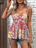 Floral Print Ruched Spaghetti Strap Top, Elegant Backless Cami Top For Summer, Women's Clothing