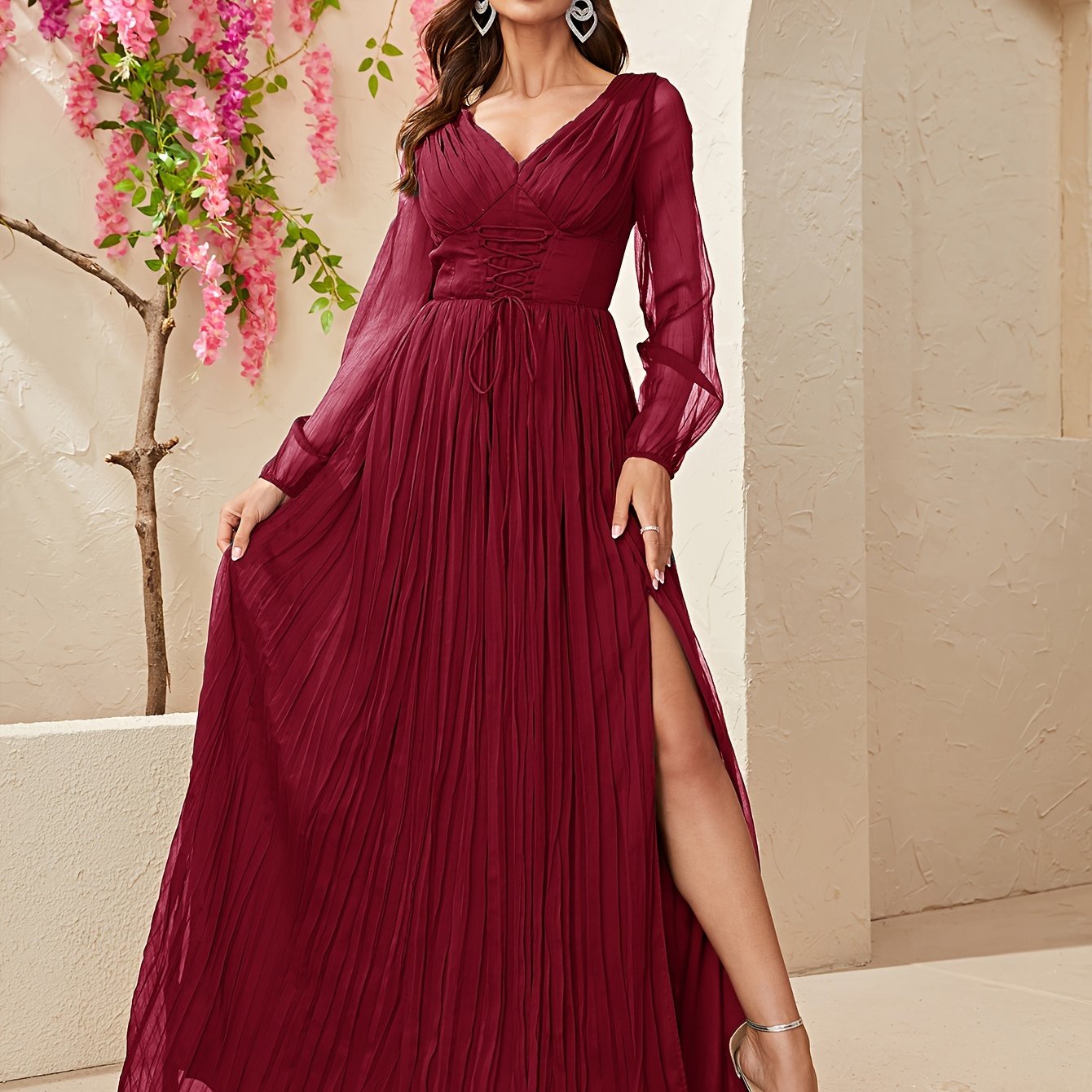 vlovelaw  Solid V Neck Dress, Elegant Long Sleeve Split Pleated A-line Dress For Spring & Fall, Women's Clothing