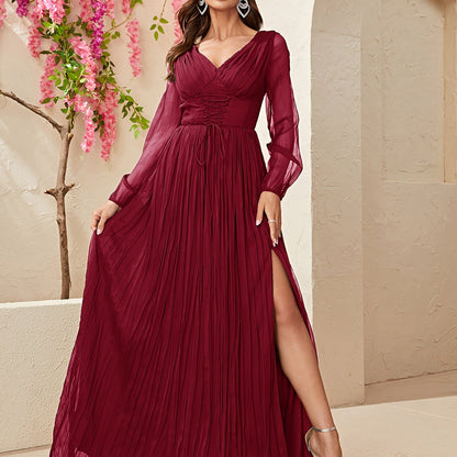 vlovelaw  Solid V Neck Dress, Elegant Long Sleeve Split Pleated A-line Dress For Spring & Fall, Women's Clothing