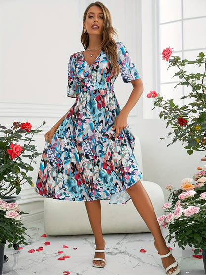 vlovelaw  Floral Print V Neck Dress, Elegant Short Sleeve Dress For Spring & Summer, Women's Clothing