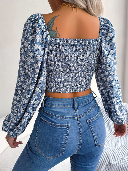 Ditsy Floral Drawstring Blouse, Vacation Lantern Sleeve Cropped Ruffle Trim Blouse, Women's Clothing