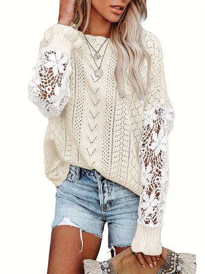 vlovelaw Contrast Lace Eyelet Knit Sweater, Casual Crew Neck Long Sleeve Sweater, Women's Clothing