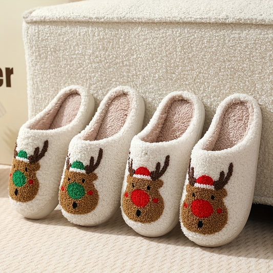 [Customer Favorite] Cozy Christmas Reindeer Plush Slippers for Couples - Warm, Soft Indoor Shoes with Non-Slip TPR Sole, Perfect for Winter