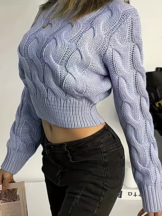 vlovelaw  Solid Crew Neck Cable Knit Sweater, Casual Long Sleeve Crop Pullover Sweater, Women's Clothing