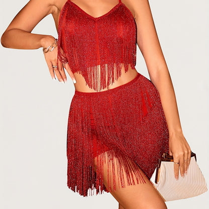 vlovelaw  Sexy Fringe Hem Two-piece Skirt Set, Halter V-neck Crop Top & High Waist Bodycon Skirt Outfits, Women's Clothing