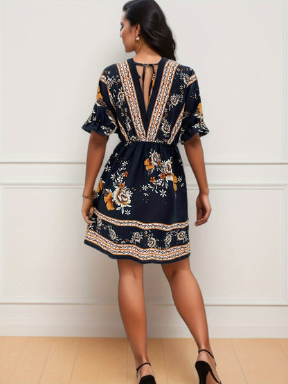 vlovelaw Floral Print Plunge Neck Dress, Casual Backless Puff Sleeve Cinched Waist Dress, Women's Clothing