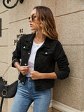 Plain Flap Pockets Denim Jackets, Long Sleeves Single-Breasted Button Lapel Denim Coats, Women's Denim Clothing
