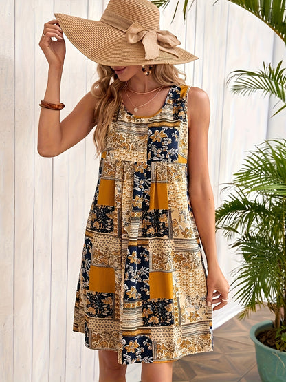 vlovelaw  Patchwork Print Crew Neck Dress, Vacation Style Sleeveless Dress For Spring & Summer, Women's Clothing