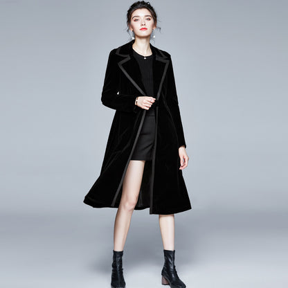Velvet trench coat women's medium and long  autumn and winter new popular women's clothing temperament waist coat coat Popularan goods tide