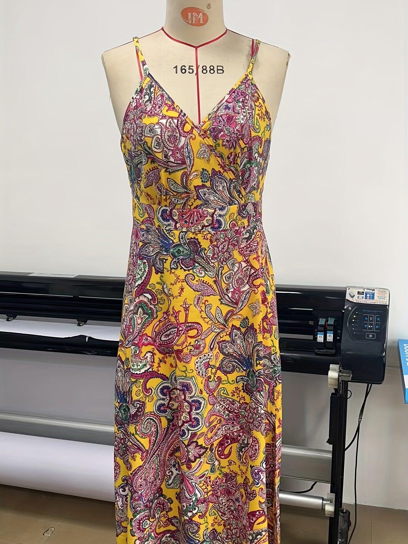 vlovelaw  Boho Maxi Cami Dress, Side Slit Random Print Casual Dress For Summer & Spring, Women's Clothing
