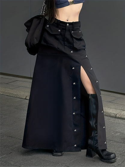 vlovelaw  Studded Flap Pocket Split Cargo Skirt, Y2K High Waist Loose Maxi Skirt, Women's Clothing
