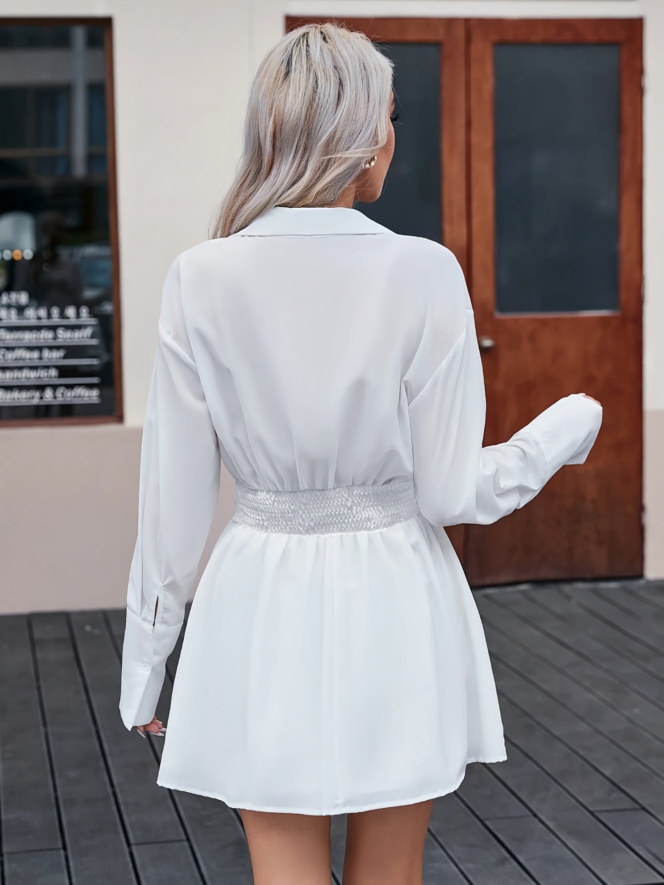 vlovelaw  Solid Button Front Dress, Elegant Long Sleeve Shirred Dress For Spring & Fall, Women's Clothing