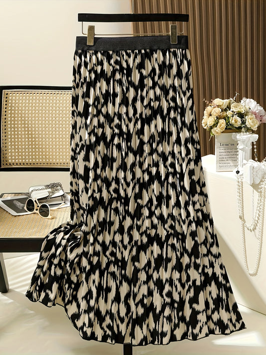 vlovelaw Plus Size All Over Print Skirt, Casual Elastic Waist Midi Skirt, Women's Plus Size Clothing