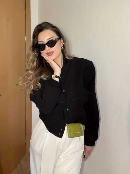 vlovelaw  Solid Button Front Jacket, Casual Long Sleeve Pocket Jacket, Women's Clothing