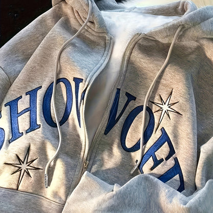 vlovelaw  Letter Print Zip Up Drawstring Hoodie, Casual Long Sleeve Loose Sweatshirt With Pocket, Women's Clothing