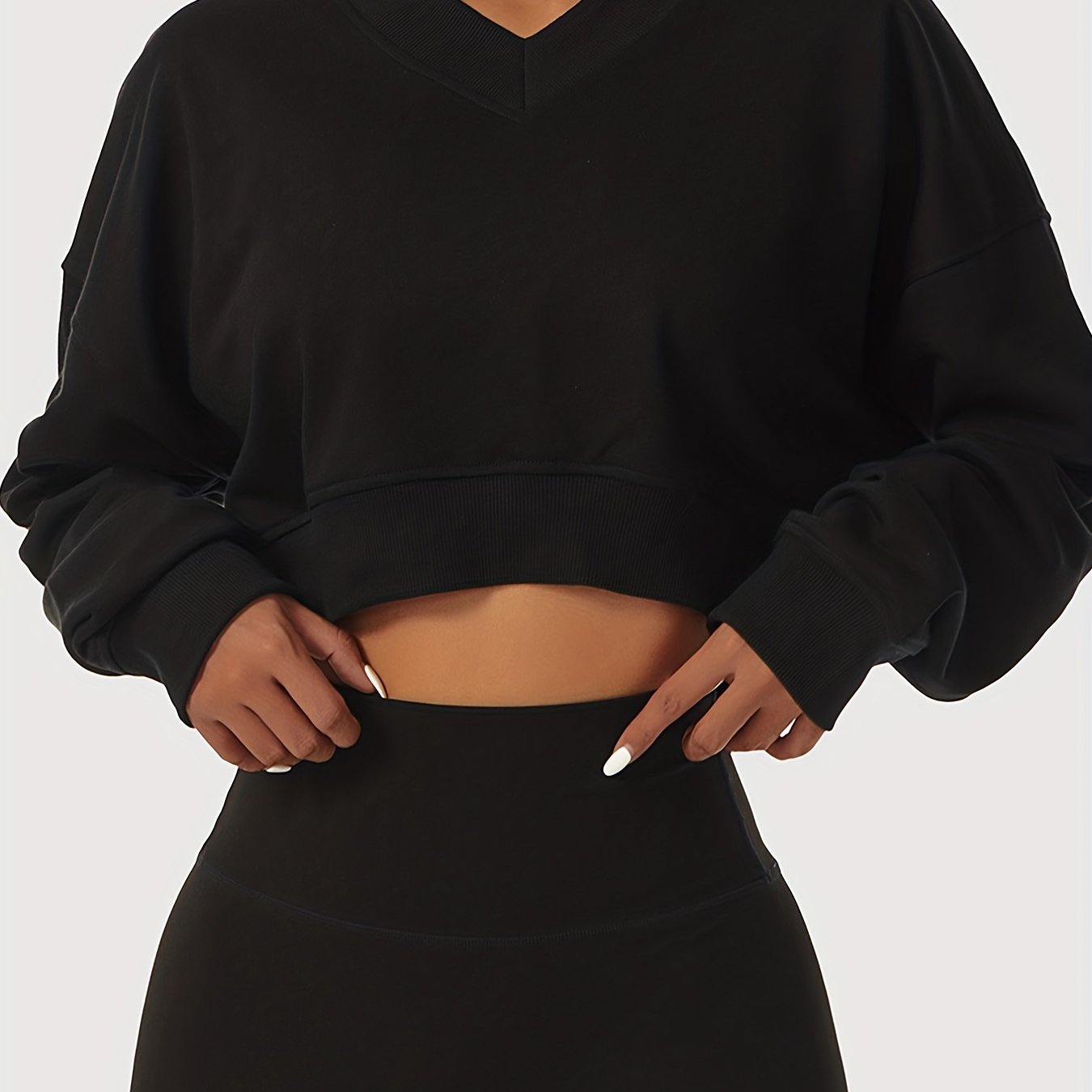 vlovelaw Solid V Neck Sporty Crop Sweatshirt, Casual Long Sleeve Drop Shoulder Sweatshirt, Women's Clothing
