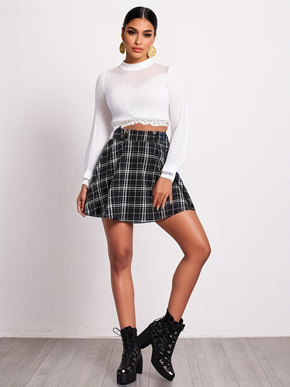 Plaid Print Mini Skirts, Casual Versatile High Waist Skirts, Women's Clothing