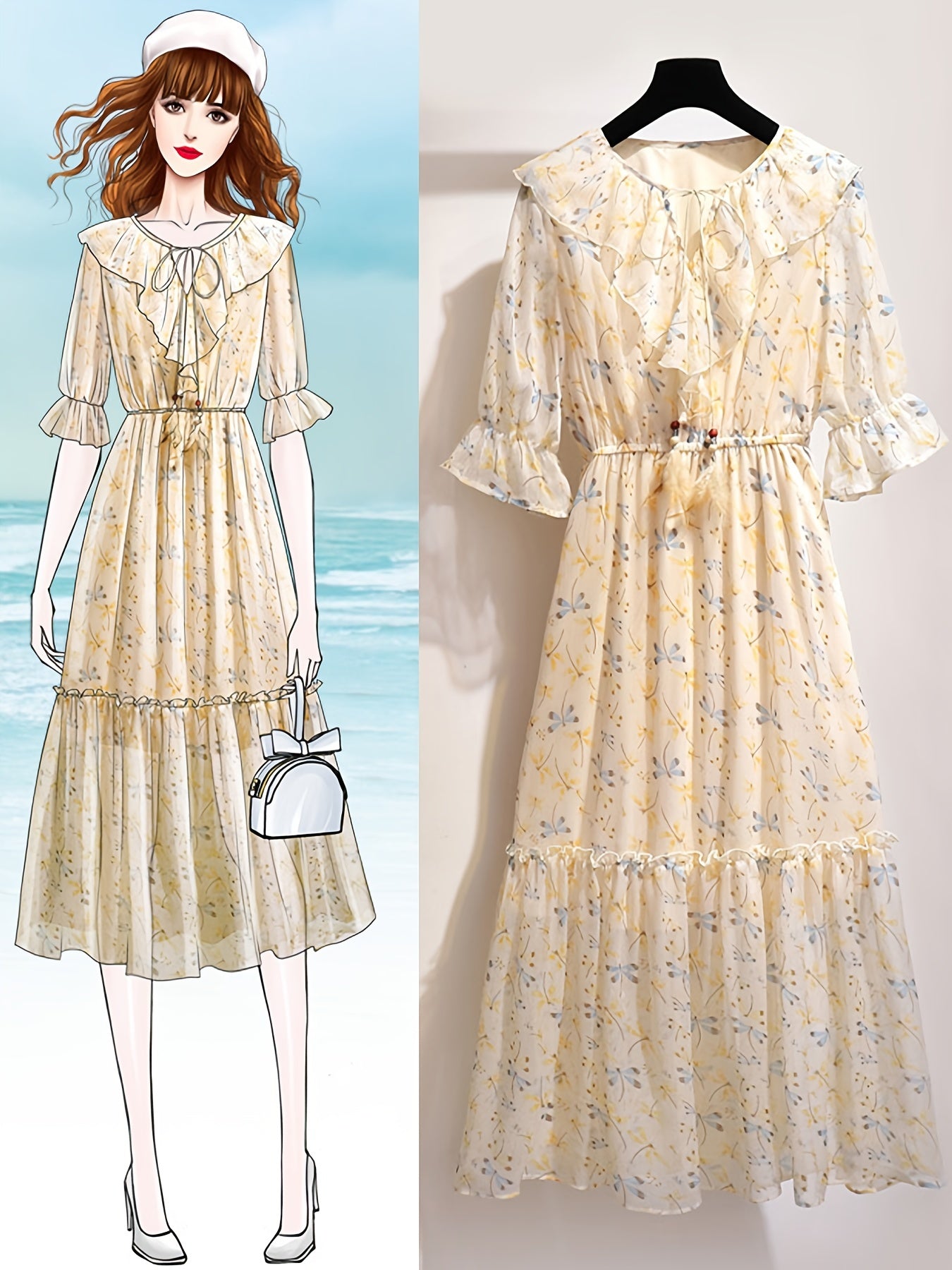 vlovelaw Floral Print Drawstring Dress, Vacation Ruffle Trim High Waist Pleated Maxi Dress, Women's Clothing