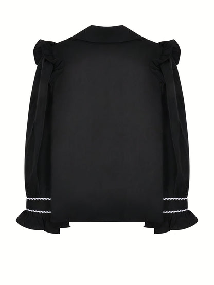 vlovelaw  Colorblock Ruffle Trim Tie Neck Blouse, Elegant Long Sleeve Blouse, Women's Clothing