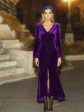 Button Front V Neck Dress, Elegant Solid Long Sleeve Party Dress, Women's Clothing