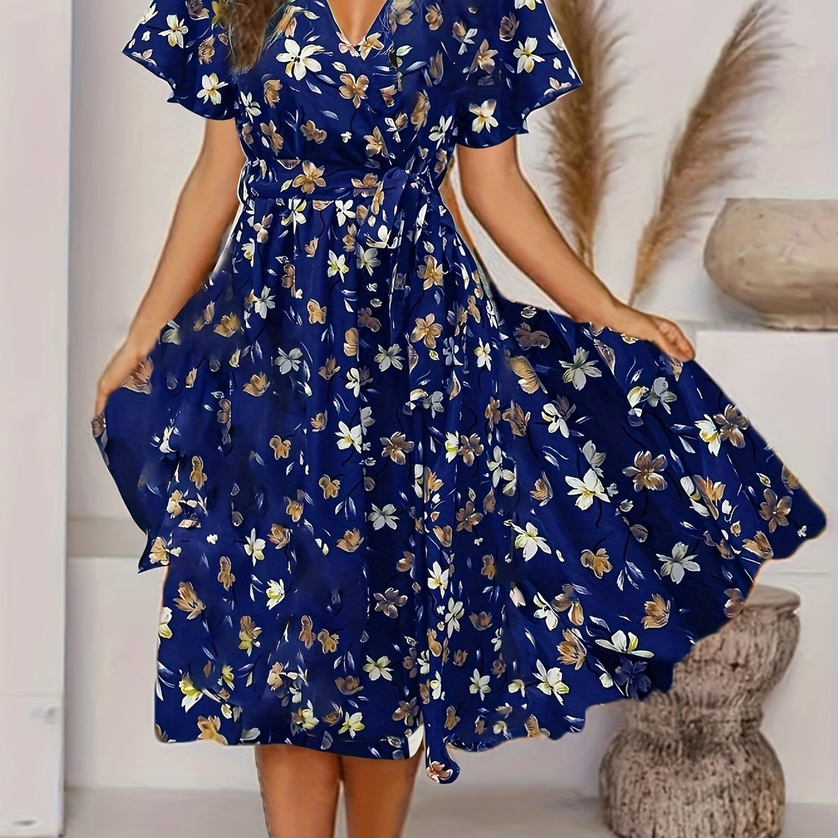 vlovelaw  Floral Print V Neck Dress, Elegant Knot Pleated Short Sleeve Dress, Women's Clothing