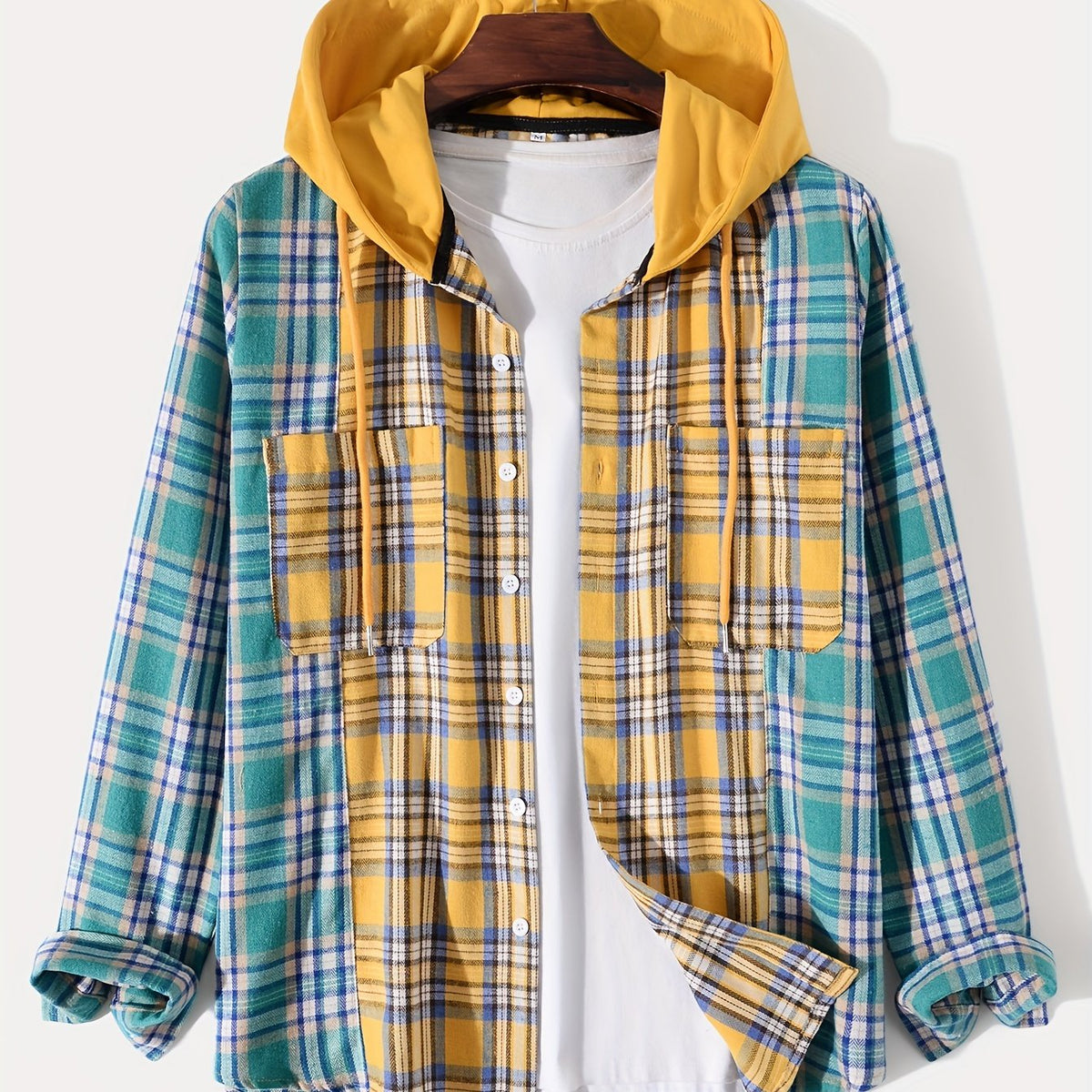 vlovelaw  vlovelaw  Fashionable And Versatile Men's College Style Casual Plaid Contrast Colors Hoodies Button Drawstring Shirt Jacket, Suitable For Outdoor