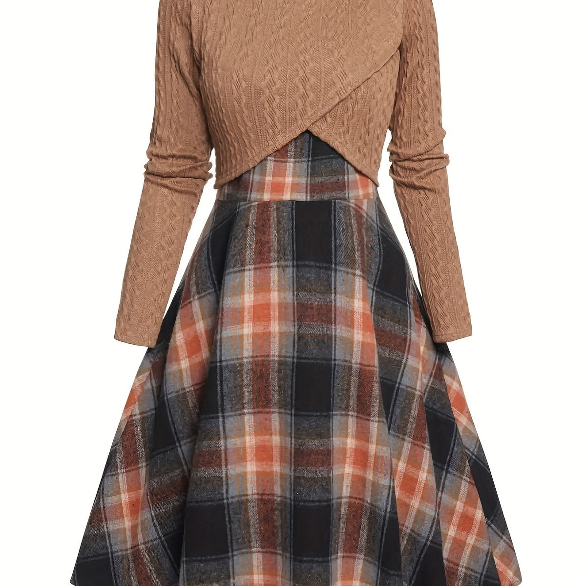 vlovelaw  Elegant Two-piece Dress Set, Textured Crop Top & Plaid Aline Swing Dress Outfits, Women's Clothing