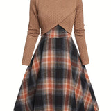 vlovelaw  Elegant Two-piece Dress Set, Textured Crop Top & Plaid Aline Swing Dress Outfits, Women's Clothing