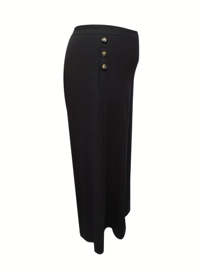 Plus Size Elegant Pants, Women's Plus Solid Mid Waisted Wide Leg Button Decor Loose Trousers