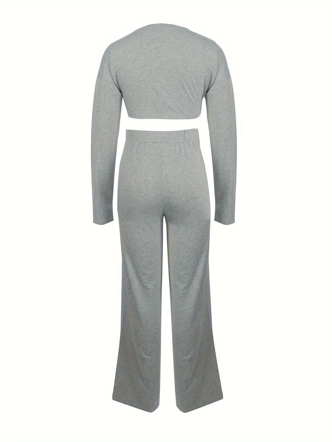 vlovelaw  Casual Solid Two-piece Pants Set, Long Sleeve Crew Neck T-shirt & High Waist Wide Leg Pants Outfits, Women's Clothing