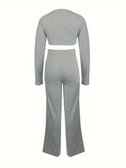 vlovelaw  Casual Solid Two-piece Pants Set, Long Sleeve Crew Neck T-shirt & High Waist Wide Leg Pants Outfits, Women's Clothing