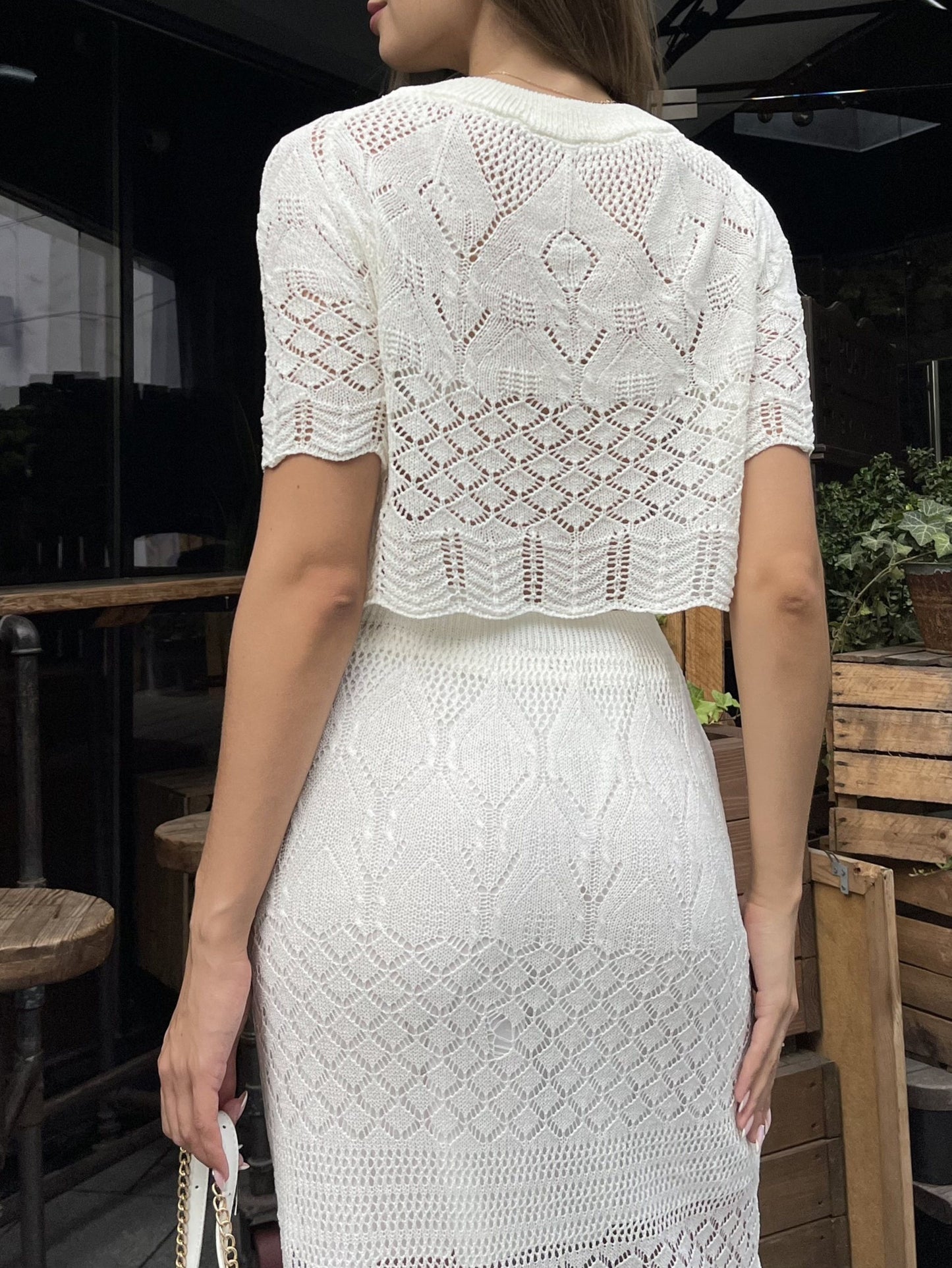 vlovelaw  Hollow Out Knitted Skirt Suit, Crew Neck Short Sleeve Crop Top & High Waist Scallop Trim Semi-sheer Skirt Outfits, Women's Clothing