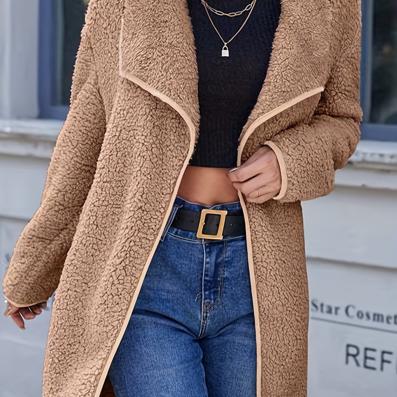 vlovelaw  Solid Open Front Fleece Jacket, Casual Lapel Long Sleeve Jacket Coat, Women's Clothing