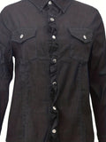 Long Sleeves Denim Shirt, Single-Breasted Button Flap Pockets Non-Stretch Lapel Denim Jackets, Women's Denim Clothing
