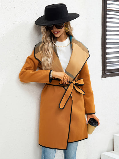 vlovelaw  Waterfall Collar Contrast Trim Coat, Casual Open Front Long Sleeve Outerwear, Women's Clothing