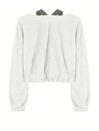 Faux Twinset Patch Pullover Sweatshirt, Casual Long Sleeve Crop Top, Women's Clothing