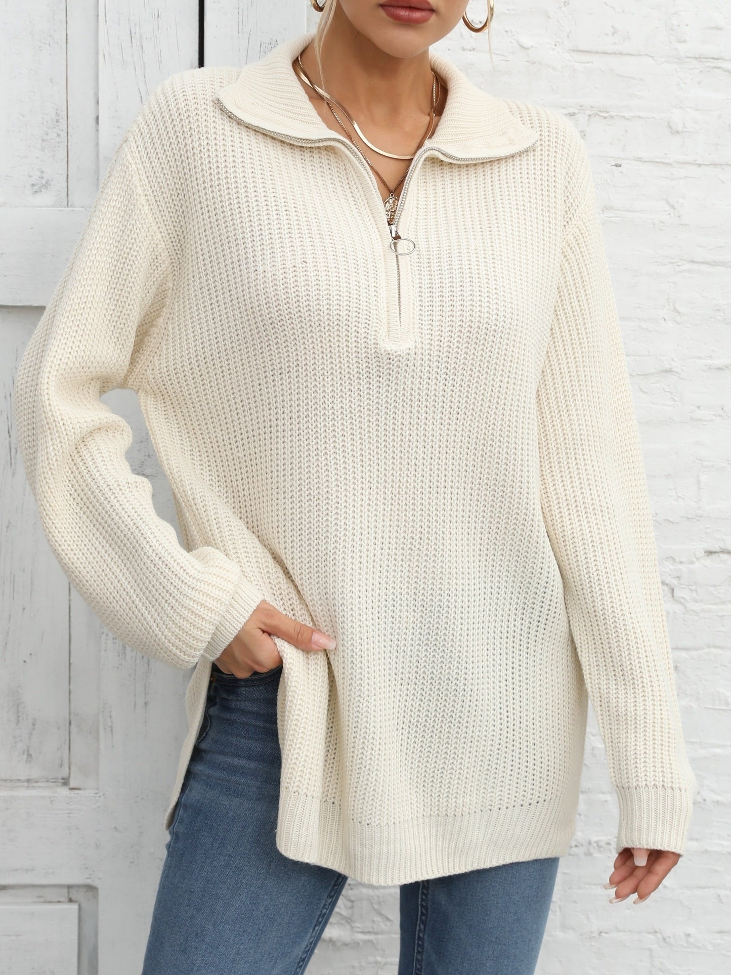 vlovelaw Long Sleeve Half Zip Sweater, Side Slit Casual Sweater For Winter & Fall, Women's Clothing