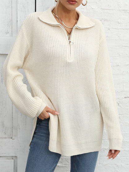 vlovelaw Long Sleeve Half Zip Sweater, Side Slit Casual Sweater For Winter & Fall, Women's Clothing