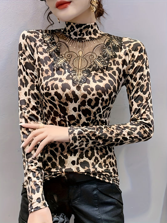 vlovelaw  Leopard Print Illusion Neckline Top, Mock Neck Long Sleeve T-Shirt For Spring & Fall, Women's Clothing