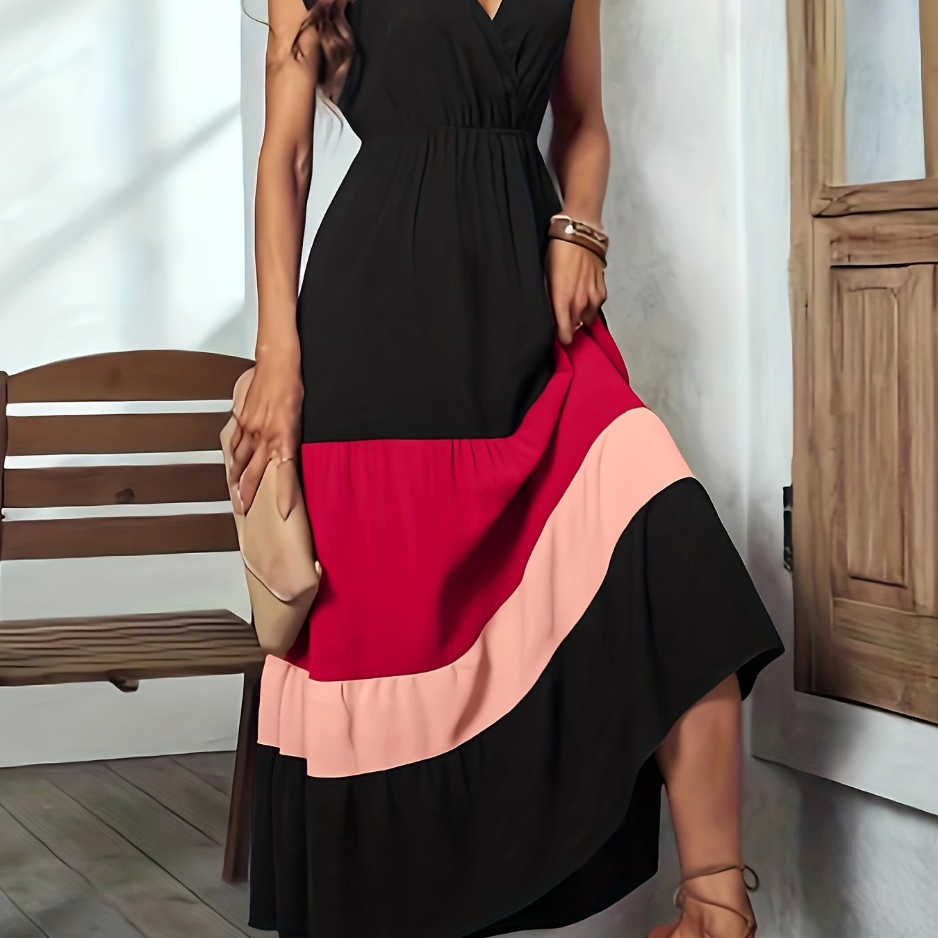 vlovelaw  Color Block Surplice Neck Dress, Elegant Sleeveless Maxi Dress, Women's Clothing