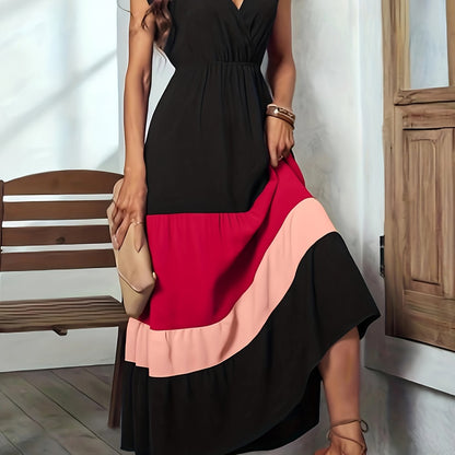 vlovelaw  Color Block Surplice Neck Dress, Elegant Sleeveless Maxi Dress, Women's Clothing