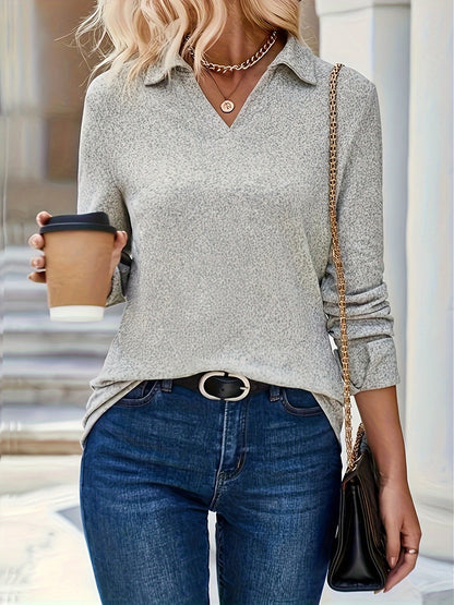 Solid Slim Basic T-shirt, Casual V Neck Long Sleeve T-shirt, Women's Clothing