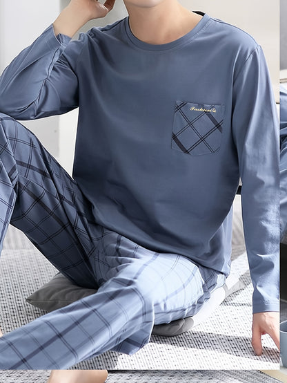 High-end 2 Pcs Men's Classic Letter Plaid Print Pocket Long Sleeve & Plaid Long Pants Pajama Set, Comfortable & Skin-friendly Pajamas For Men's Cozy Loungewear
