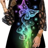 Plus Size Casual T-shirt, Women's Plus Glitter Butterfly Print Contrast Lace Half Sleeve Round Neck Slight Stretch T-shirt