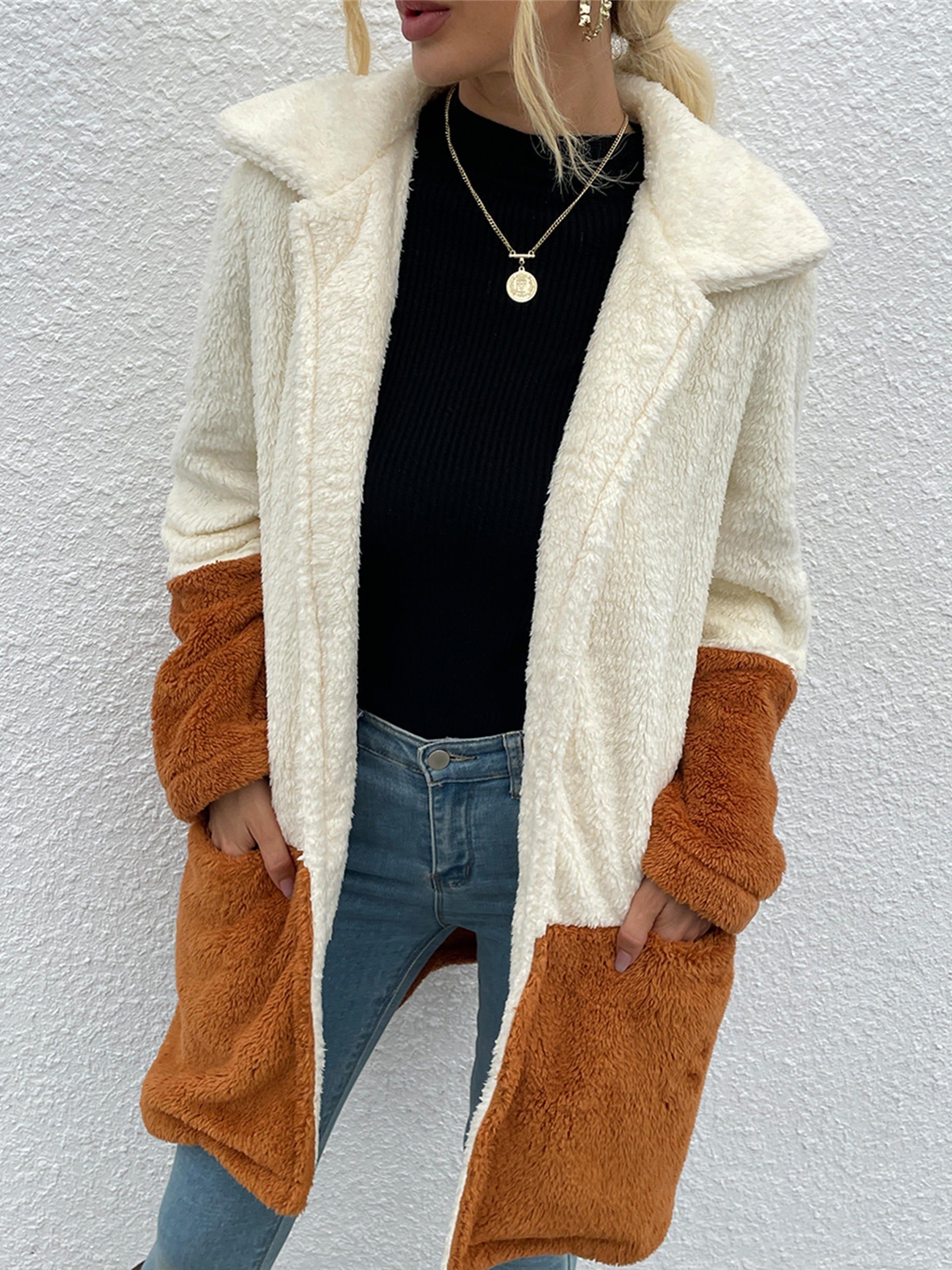 vlovelaw  Women's Color Matching Lapel Double-Sided Velvet Large Pocket Jacket Sweater