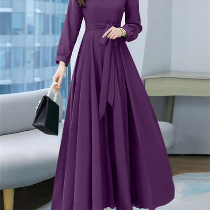 vlovelaw  Plus Size Casual Dress, Women's Plus Solid Long Sleeve Round Neck Ruched Belted Maxi Dress