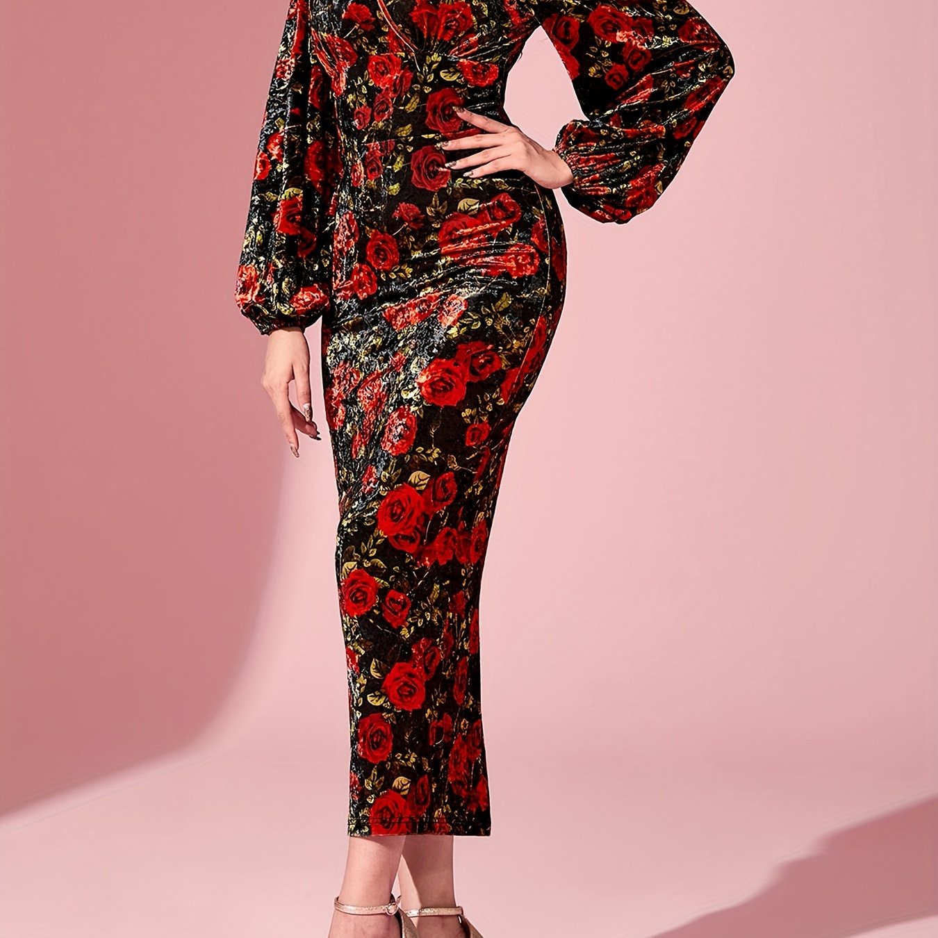vlovelaw  Floral Print Surplice Neck Dress, Elegant Lantern Sleeve Bodycon Dress, Women's Clothing